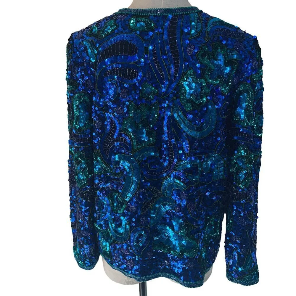 Laurence Kazar Vintage Womens Jacket Size Large Blue Sequin Long Sleeve - Picture 2 of 10
